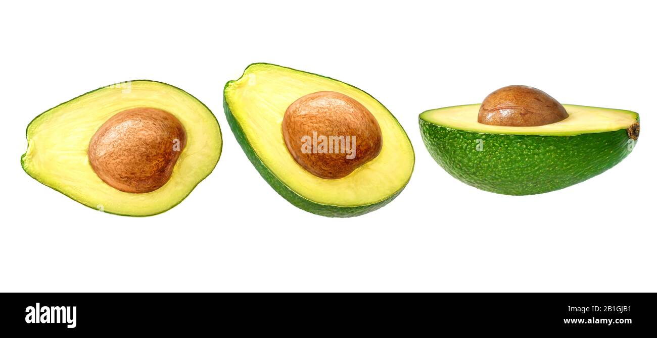 Avocado set isolated on white. Three perfect different views of avocado. Stock Photo