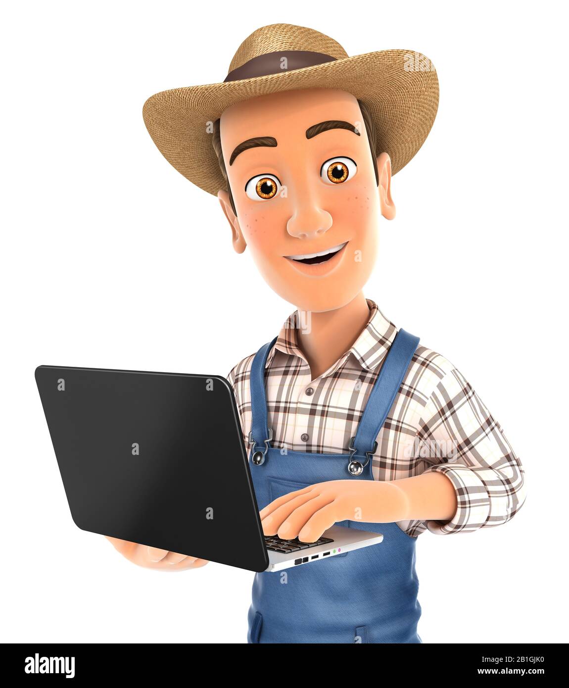 3d farmer standing and holding laptop, illustration with isolated white background Stock Photo