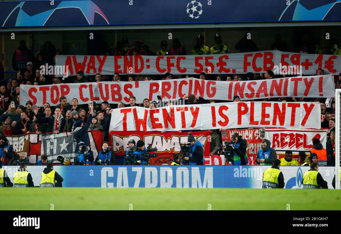 LONDON, UNITED KINGDOM. FEBRUARY 25 Bayer Munchen banner showing Ticket Prices during Champion League Round 16 1st Leg between Chelsea and Bayer Munchen at Stanford Bridge Stadium, London, England on 25 February 2020 Credit: Action Foto Sport/Alamy Live News Stock Photo