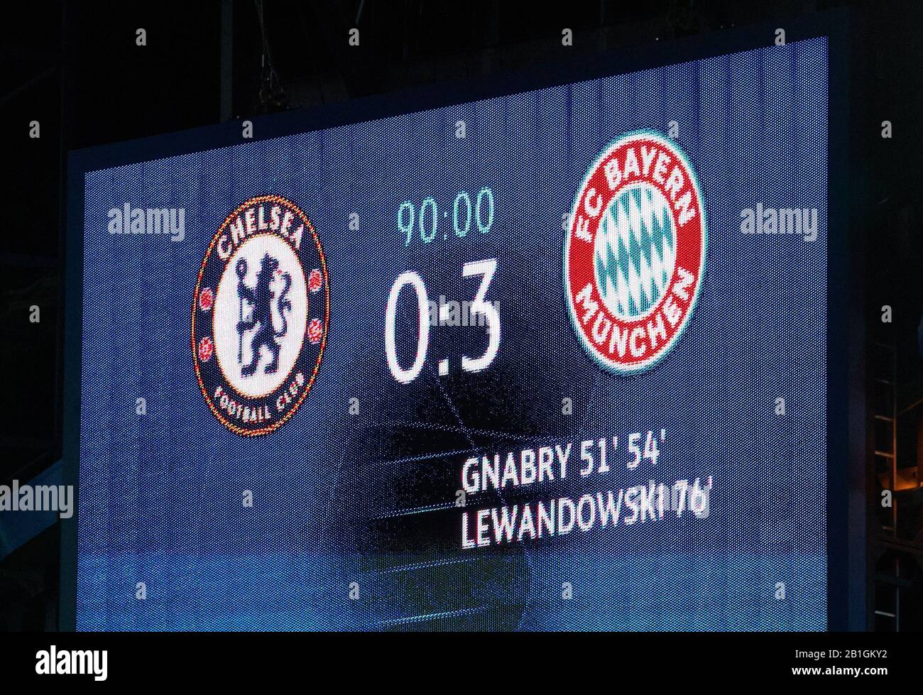 Champions League, Chelsea-Munich, London Feb 25, 2020. screen with final  result FC CHELSEA - FC BAYERN MUNICH UEFA Football Champions League ,  London, February 25, 2020, Season 2019/2020, round of last sixteen,
