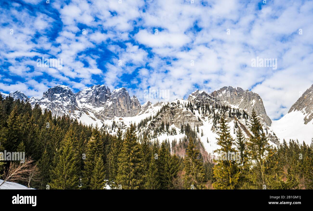 View on idyllic winter mountain landscape in the Alps, Austria Stock Photo
