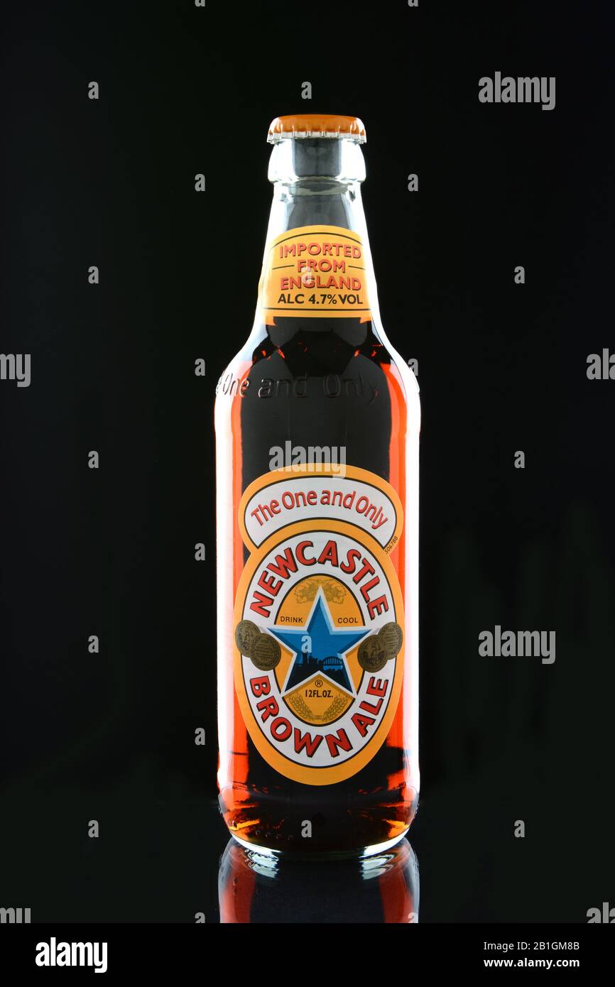 IRVINE, CA JANUARY 15, 2015 A bottle of Newcastle Brown Ale. Launched in 1927 by Colonel Jim
