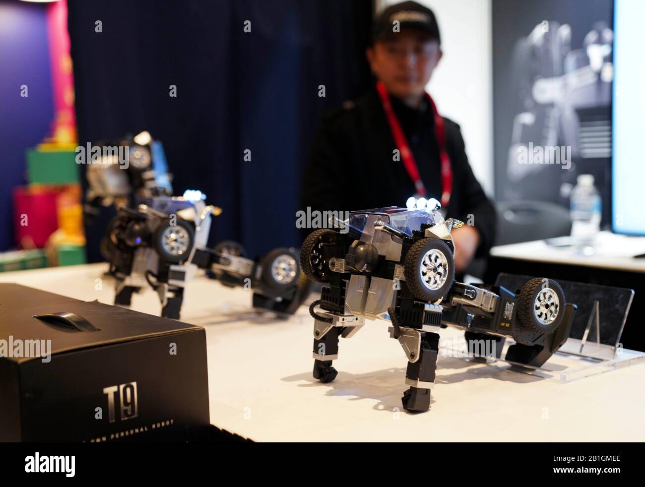New York, USA. 25th Feb, 2020. T9 miniature robots are on display at the 2020 Toy Fair New York held in New York, the United States, Feb. 25, 2020. Robosen Robotics (Shenzhen) Co., a Chinese tech startup, made its debut at the annual Toy Fair in New York City, aiming to bring innovative gadgets to overseas consumers. Credit: Wang Ying/Xinhua/Alamy Live News Stock Photo