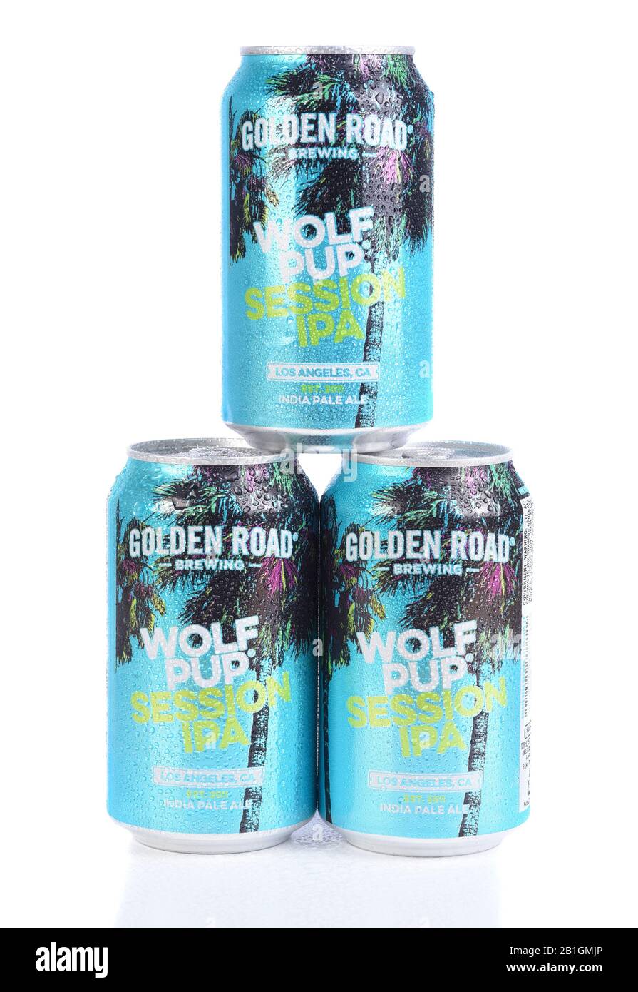 IRVINE, CALIFORNIA - 19 NOV 2019: Three cans of Golden Road Wolf Pup Session IPA, with condensation. Stock Photo