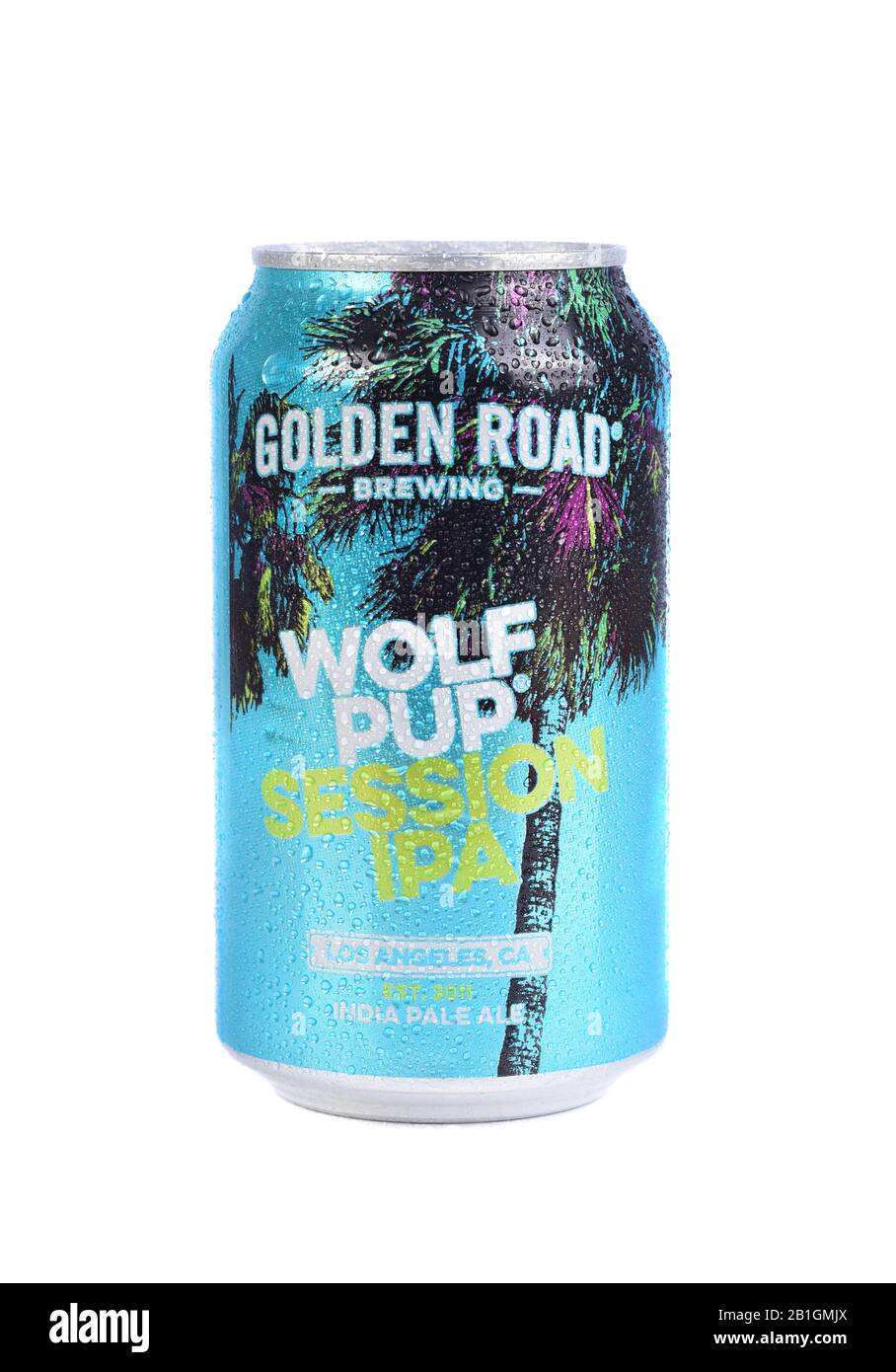 IRVINE, CALIFORNIA - 19 NOV 2019: a single can of Golden Road Wolf Pup Session IPA, with condensation. and slight shadow. Stock Photo