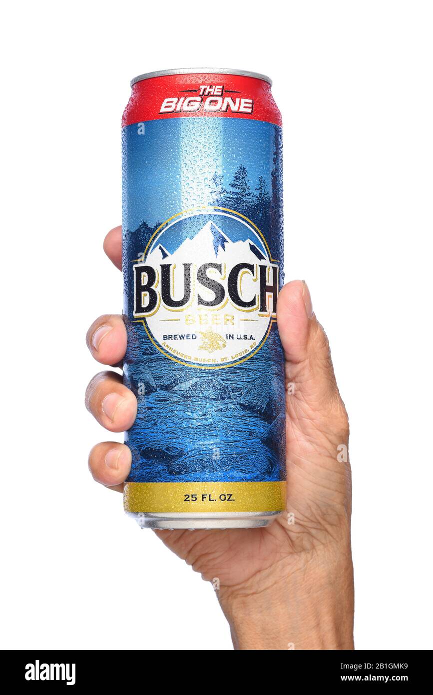 IRVINE, CALIFORNIA - APRIL 26, 2019: Closeup of a hand holding a 25 ounce King Can of Busch Beer. An economy brand pale lager introduced in 1955 as Bu Stock Photo