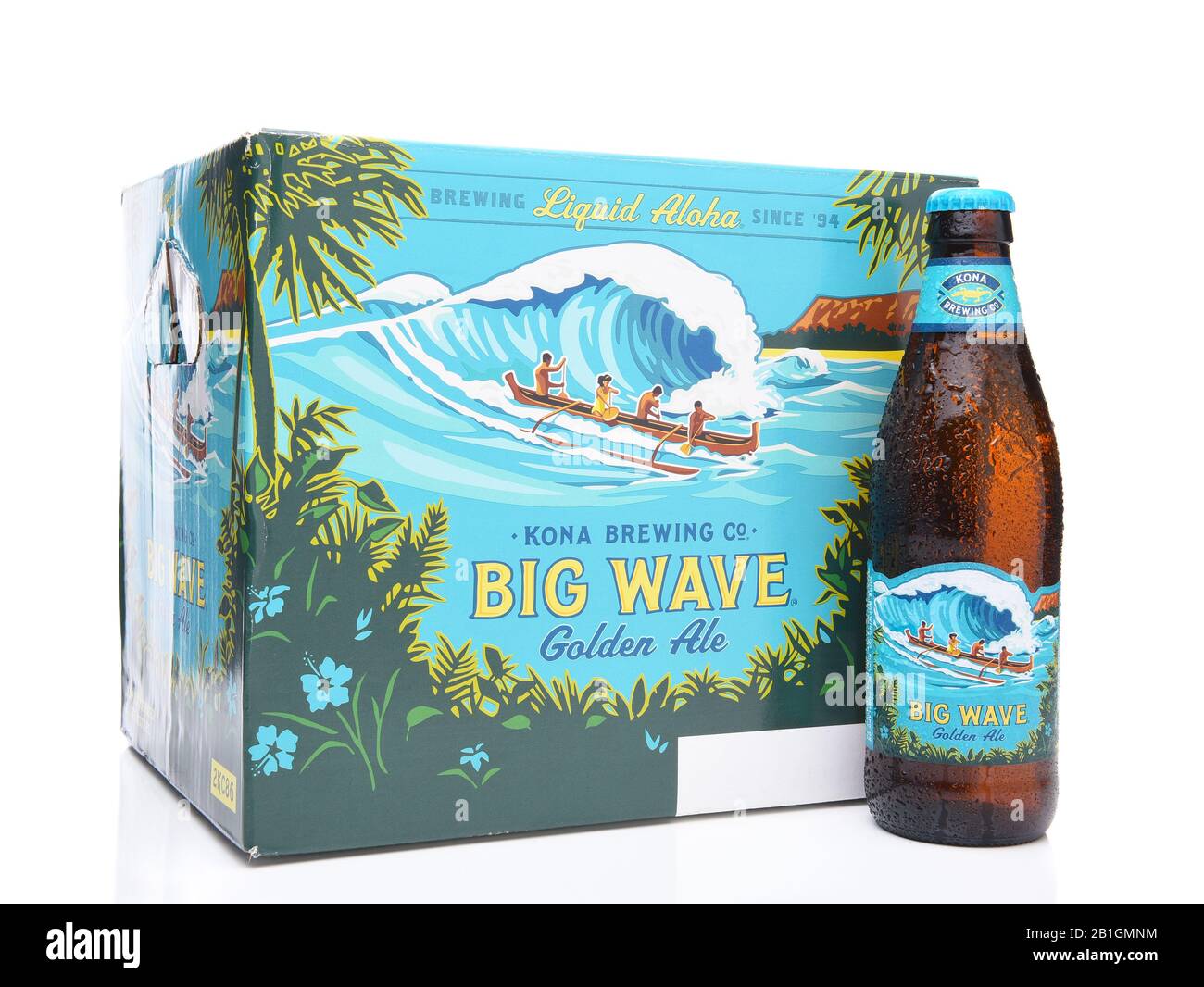 IRVINE, CALIFORNIA - MARCH 16, 2017: Kona Brewing Company Big Wave Golden Ale 12 pack. The brewery is located in Kailua-Kona on the Big Island of Hawa Stock Photo