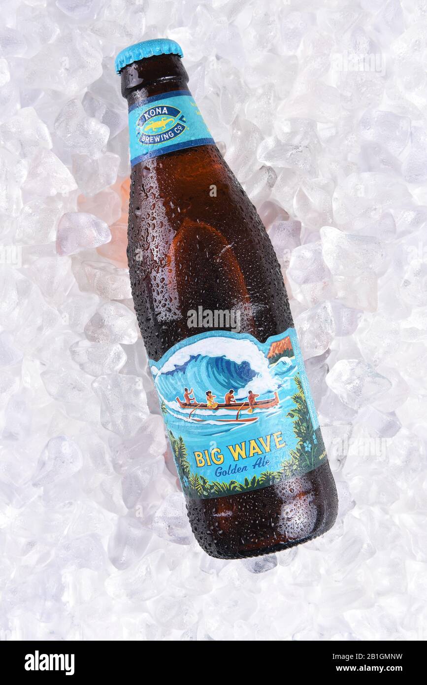 IRVINE, CALIFORNIA - MARCH 16, 2017: Kona Brewing Company Big Wave Golden Ale. The brewery is located in Kailua-Kona on the Big Island of Hawaii. Stock Photo