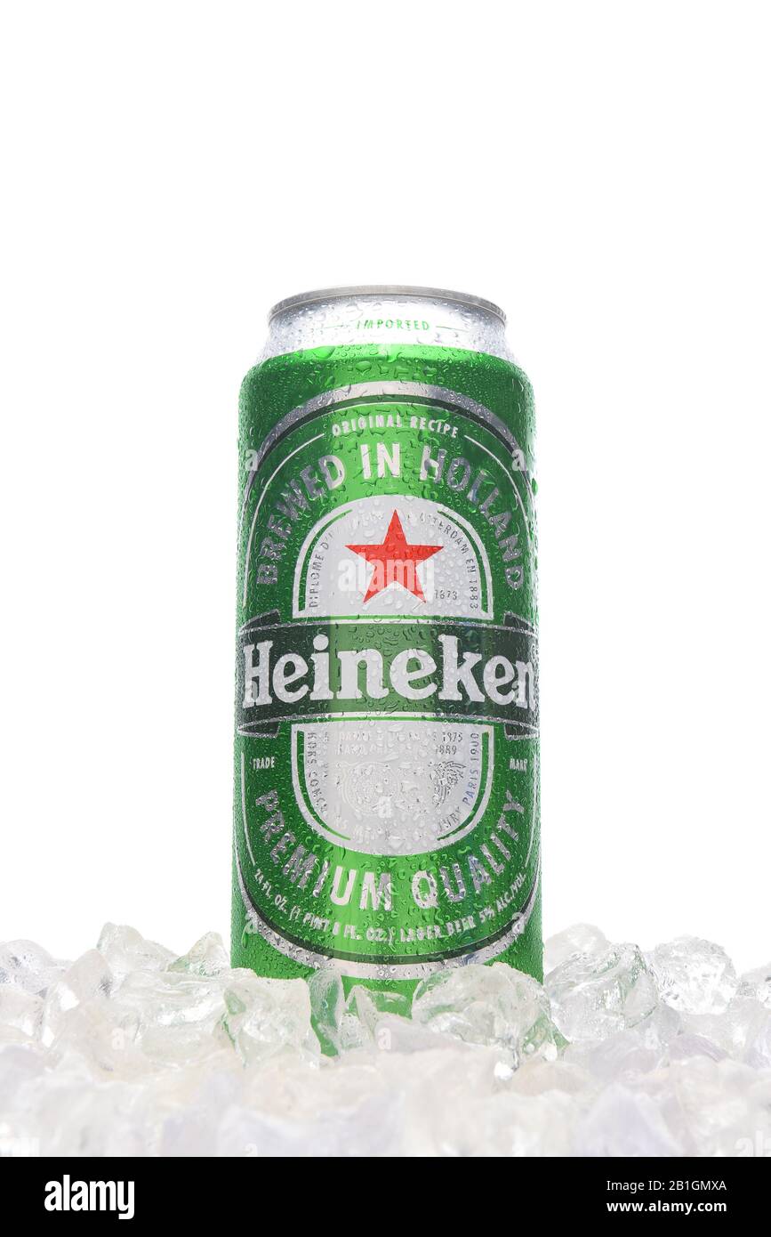 IRVINE, CALIFORNIA - MARCH 21, 2018: Heineken beer king can in ice. Heineken is known for its signature green bottles and cans with a red star. Stock Photo
