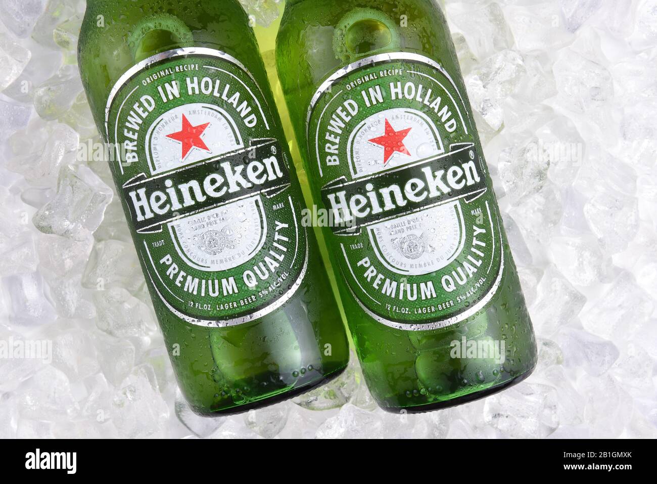 IRVINE, CA - MAY 29, 2017: Heineken Beer bottles closeup. Since 1975, most Heineken beer has been brewed at the brewery in Zoeterwoude, Netherlands. Stock Photo