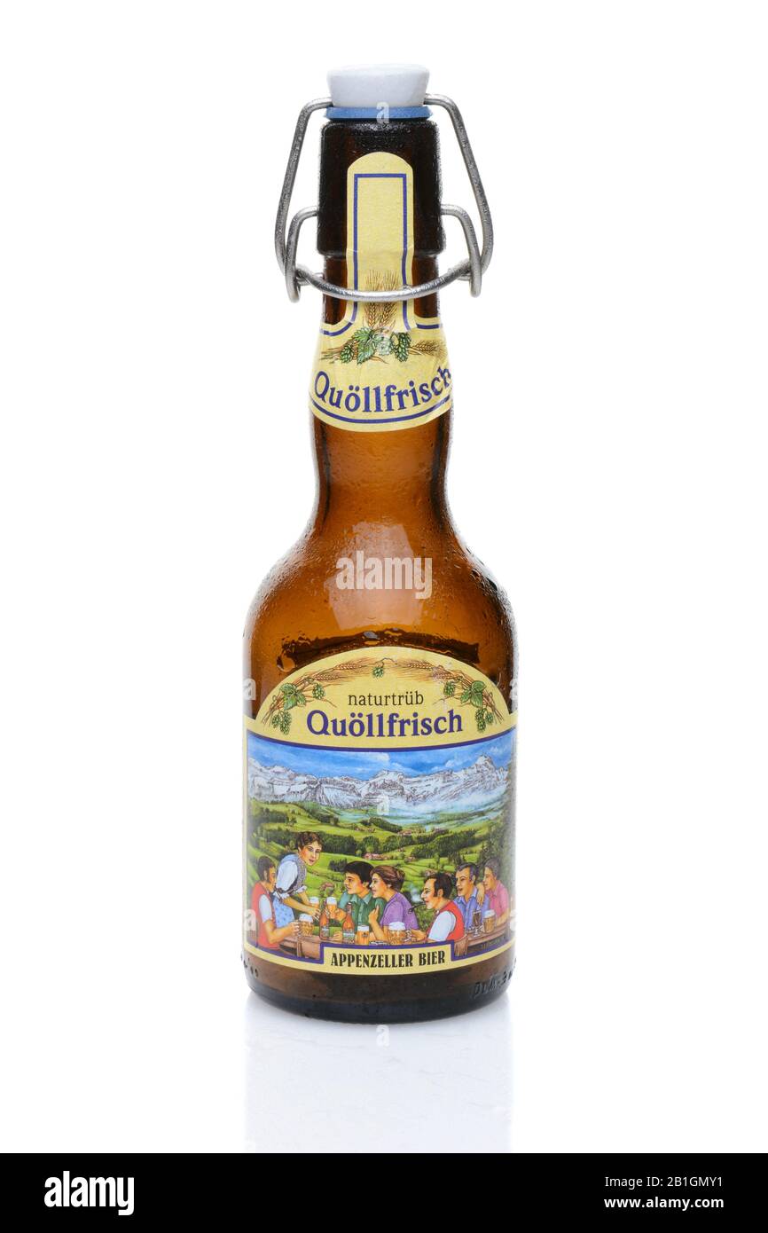 IRVINE, CALIFORNIA - JULY 14, 2014: A bottle Quollfrisch naturtrub brewed from Pilsner malt and three different varieties of hops. From the Locher AG Stock Photo