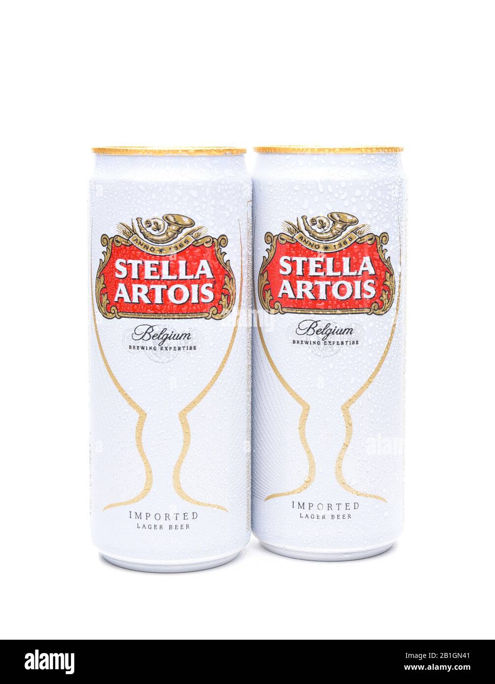 IRVINE, CA - JULY, 17, 2017: Cans of Stella Artois Beer on white. Stella has been brewed in Leuven, Belgium, since 1926, and launched as a festive bee Stock Photo