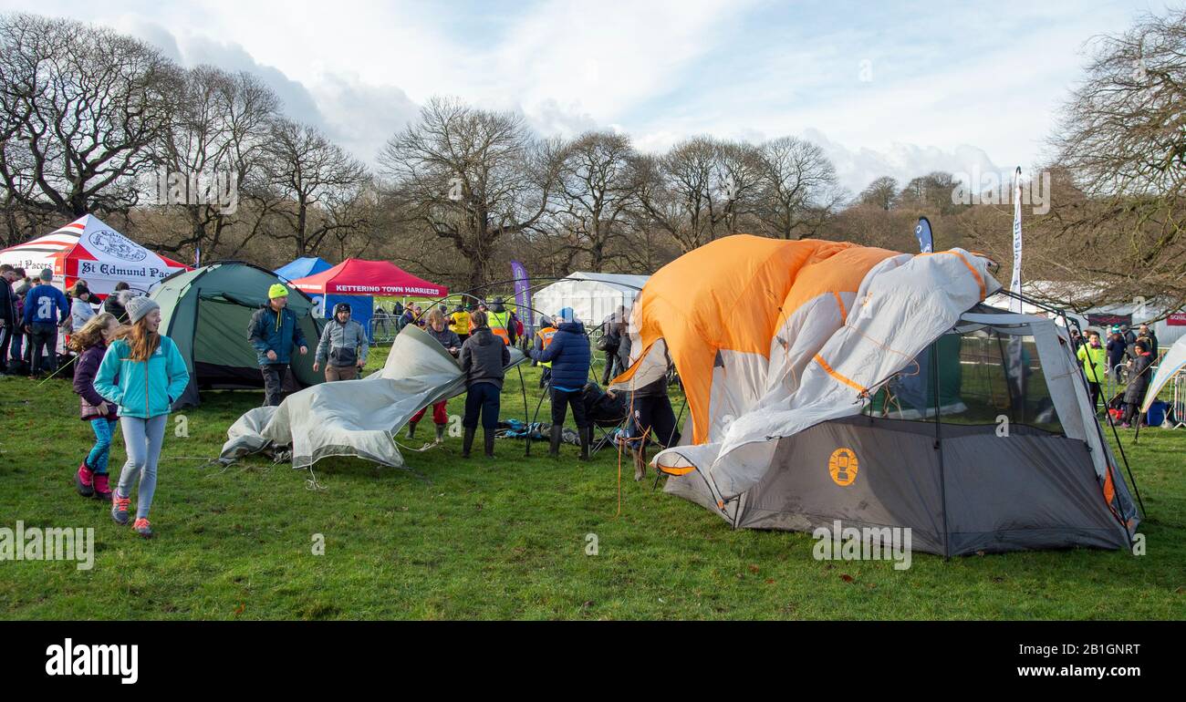 NOTTINGHAM - ENGLAND - 22 FEB:  Trouble putting the tents up in high winds at the English National Cross Country Championships, Wollaton Park, Notting Stock Photo