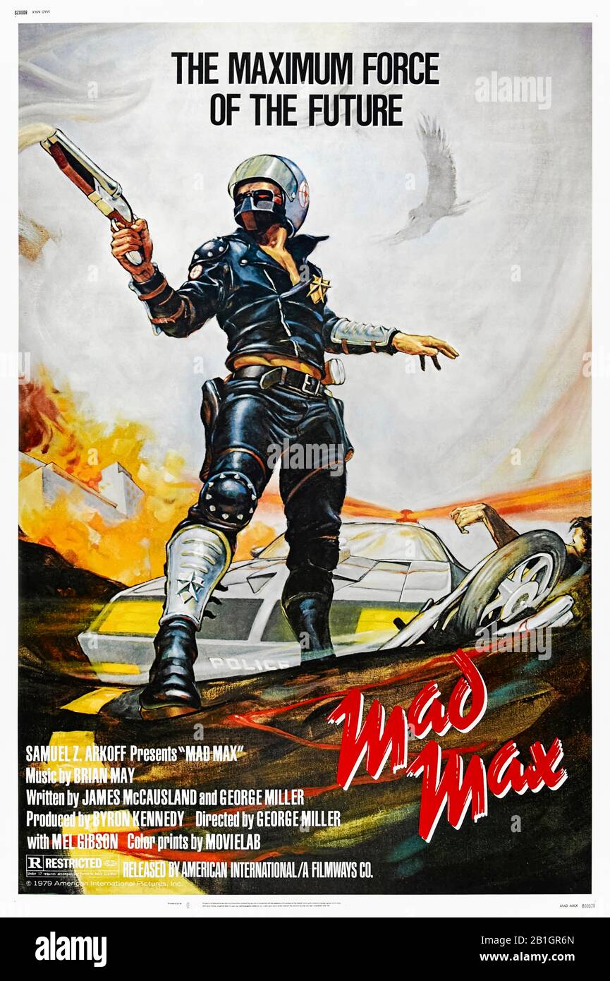Mad Max (1979) directed by George Miller and starring Mel Gibson, Joanne Samuel and Hugh Keays-Byrne. Policeman Max Rockatansky takes vengeance on a violent motorcycle gang in a dystopian future Australia. Stock Photo