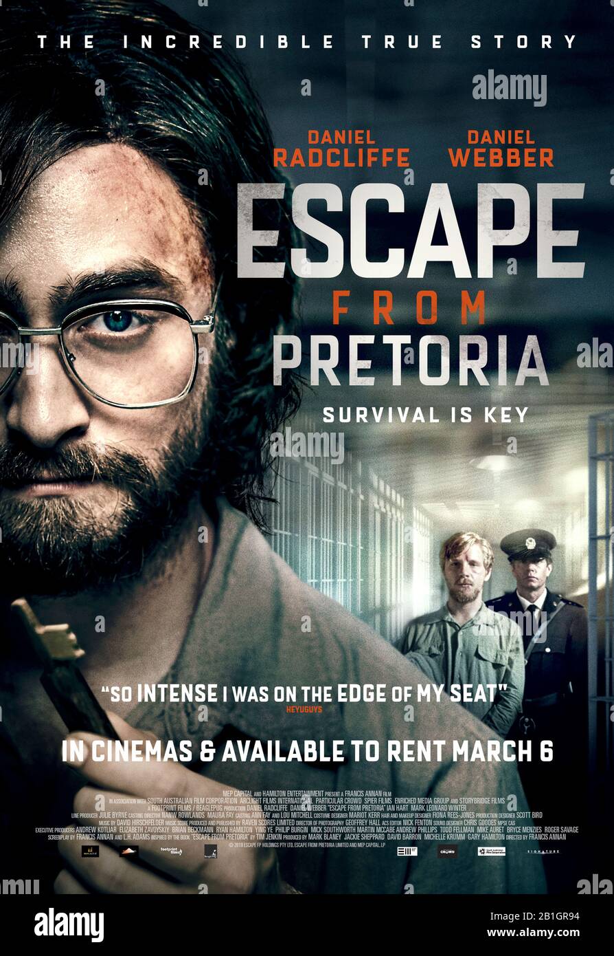 Escape from Pretoria (2020) directed by Francis Annan and starring Daniel Radcliffe, Ian Hart, Daniel Webber and Nathan Page. Based on the true story about 3 political prisoners who escape prison in South Africa in 1979. Stock Photo