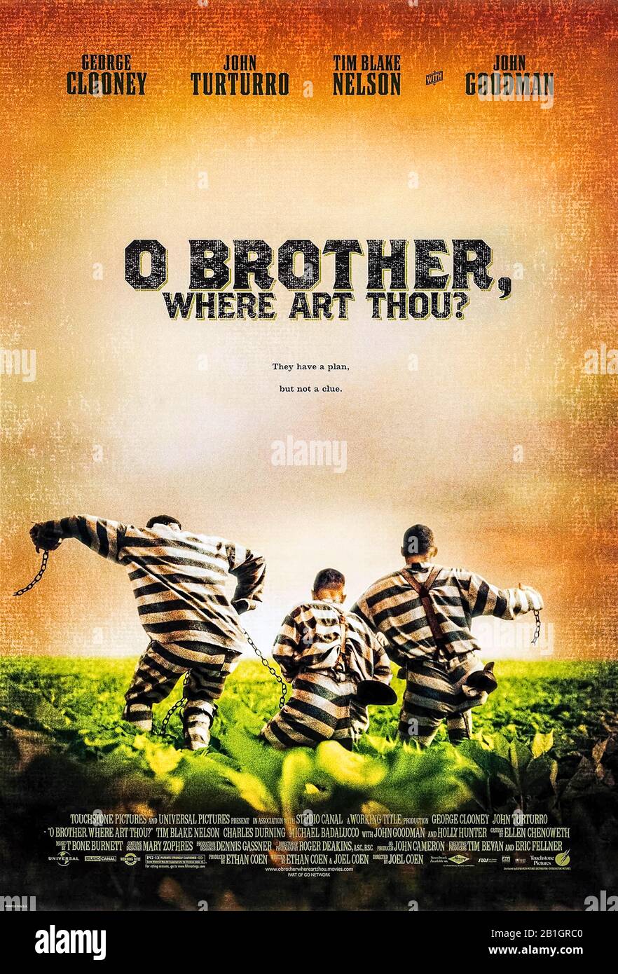 O Brother, Where Art Thou? (2000) directed by Joel Coen and Ethan Coen and starring George Clooney, John Turturro, Tim Blake Nelson and John Goodman. Three convicts escape a chain gang and make a series of strange encounters whilst on the run; loosely based on The Odyssey by Homer. Stock Photo