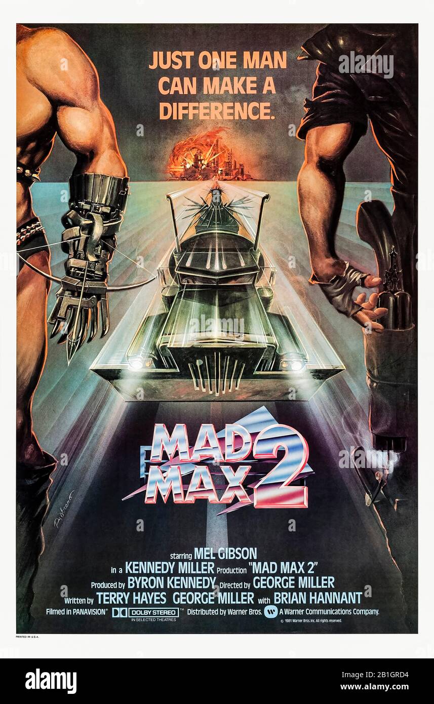 Mad Max (1981) directed by George Miller and starring Mel Gibson, Bruce Spence, Michael Preston and Max Phipps. Policeman Max Rockatansky returns to protect a community in the post-apocalyptic wastelands of Australia from a violent barbarian biker gang. Stock Photo