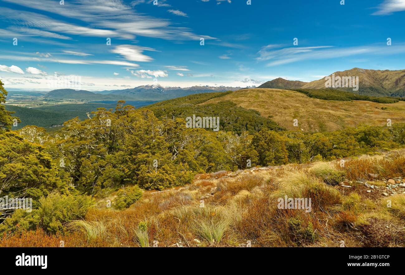 Landscape New Zealand - National Park Fiordland, South Island, beautiful mountain and fiord sceneries. Stock Photo