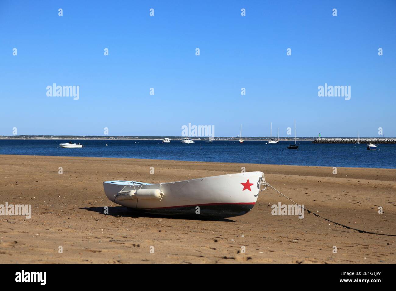 Row Boat, Beach, Cape Cod Bay, Provincetown, Cape Cod, Massachusetts, New England, USA Stock Photo