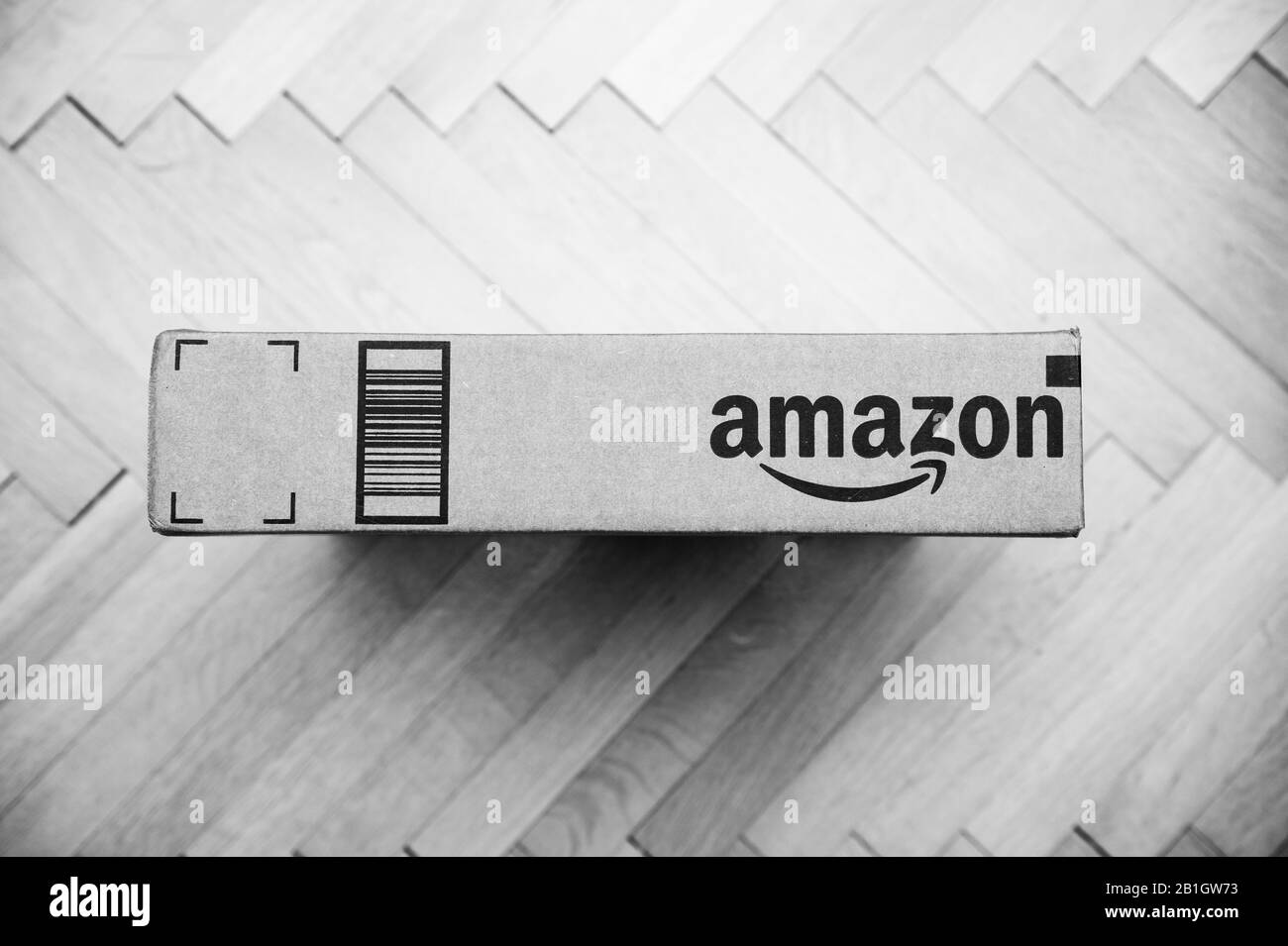 Paris, France Oct 23, 2019 Overhead view of Amazon Prime cardboard
