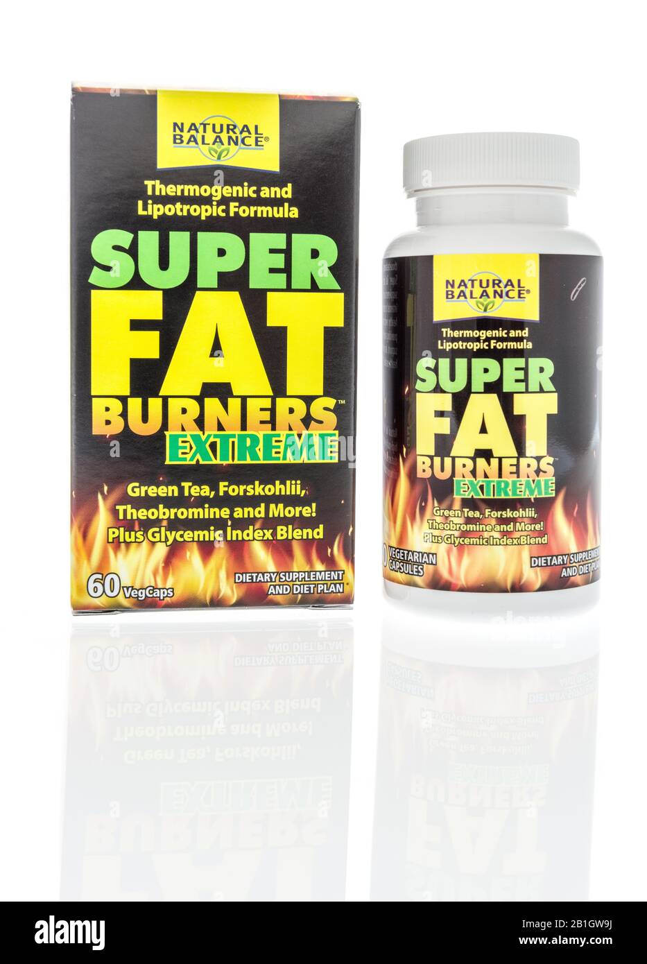 Winneconne,  WI - 11 February 2020:  A bottle of Natural balance super fat burners extreme supplement on an isolated background. Stock Photo