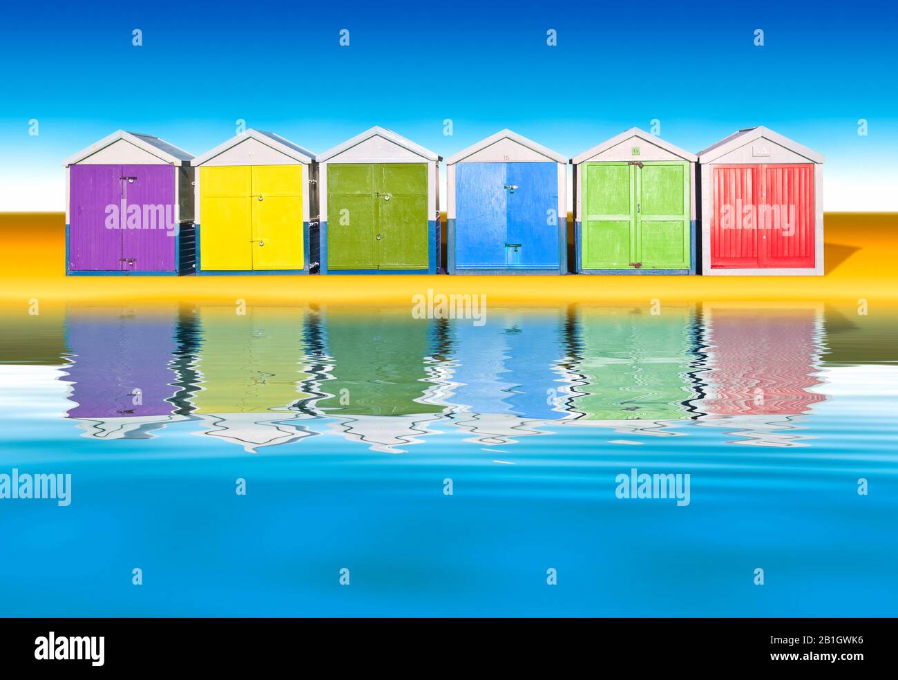 3D computer graphic, colorful beach huts against cloudless blue sky, Europe, Germany Stock Photo