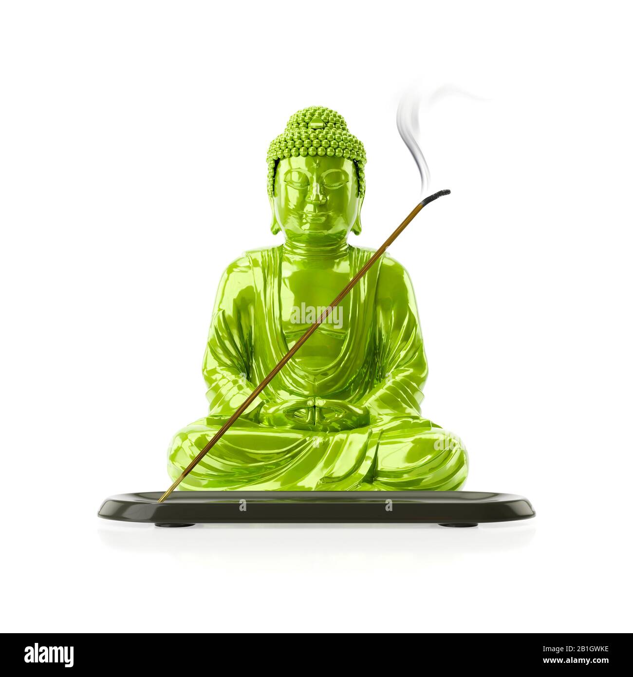 3D computer graphic, green Buddha statue with joss stick against white background, Europe Stock Photo