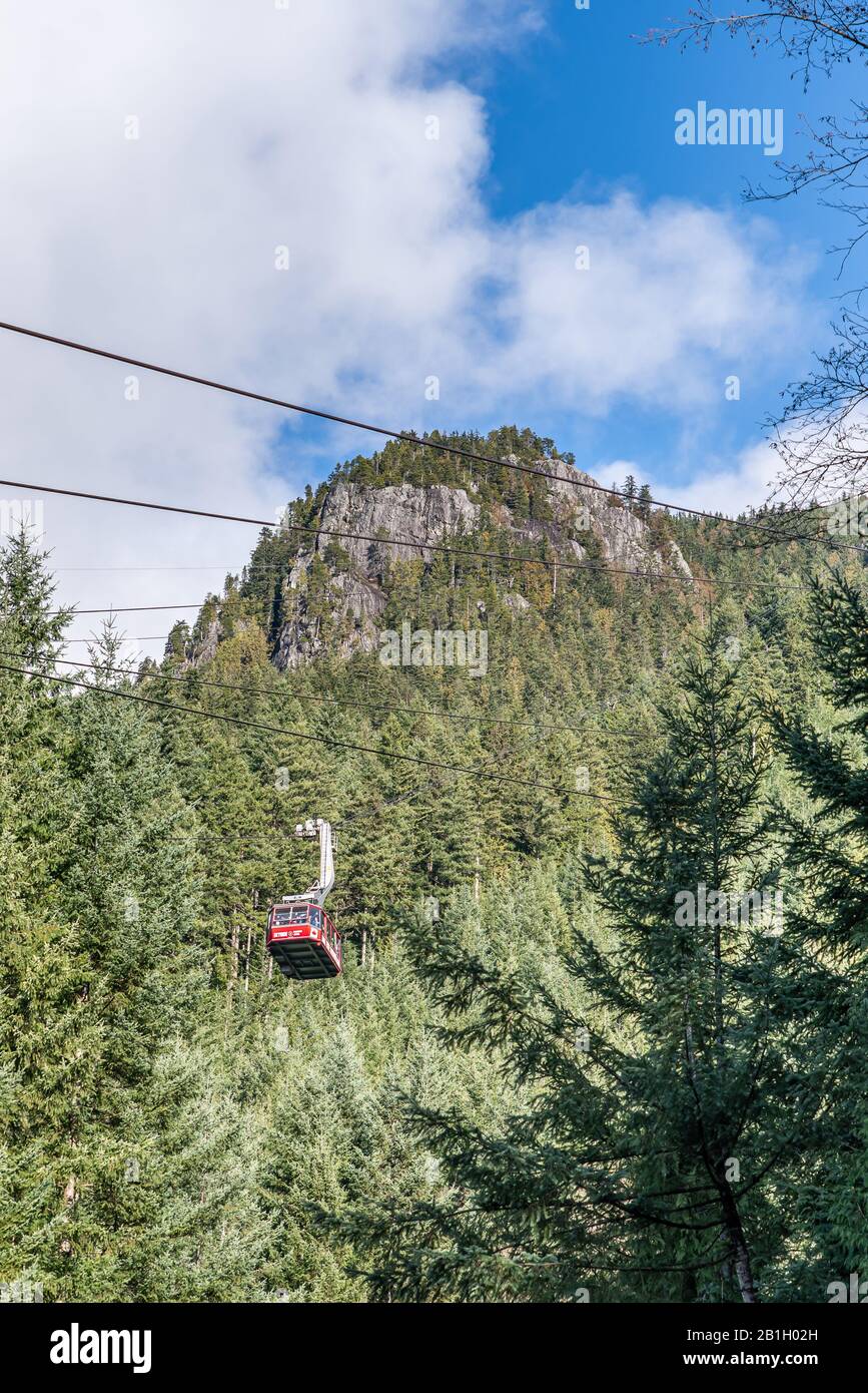 Vancouver, British Columbia, Canada - December, 2019 - Red Skyride to Grouse Mountain, the peak of Vancouver. Stock Photo