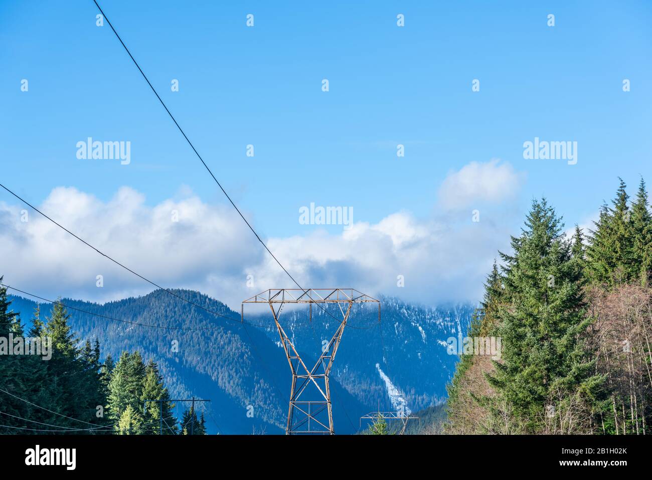High Voltage Electric Power Lines view near Grouse Mountain, Vancouver