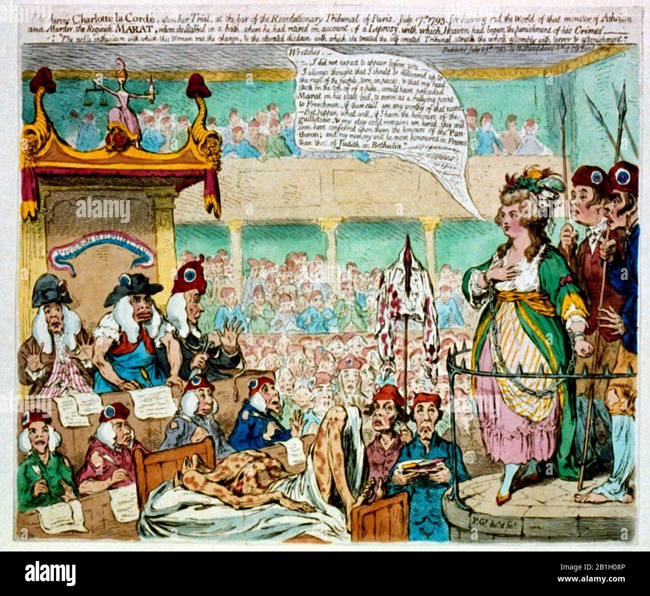 The heroic Charlotte la Cordé, upon her trial. The interior of the Revolutionary Tribunal crowded with figures. Charlotte Corday (right) stands at the bar, a raised circular stone platform, her wrists linked by a chain, addressing her judges (left), who listen with alarm, as do the the spectators and the two ruffians holding spears who stand behind her. 1793 Stock Photo