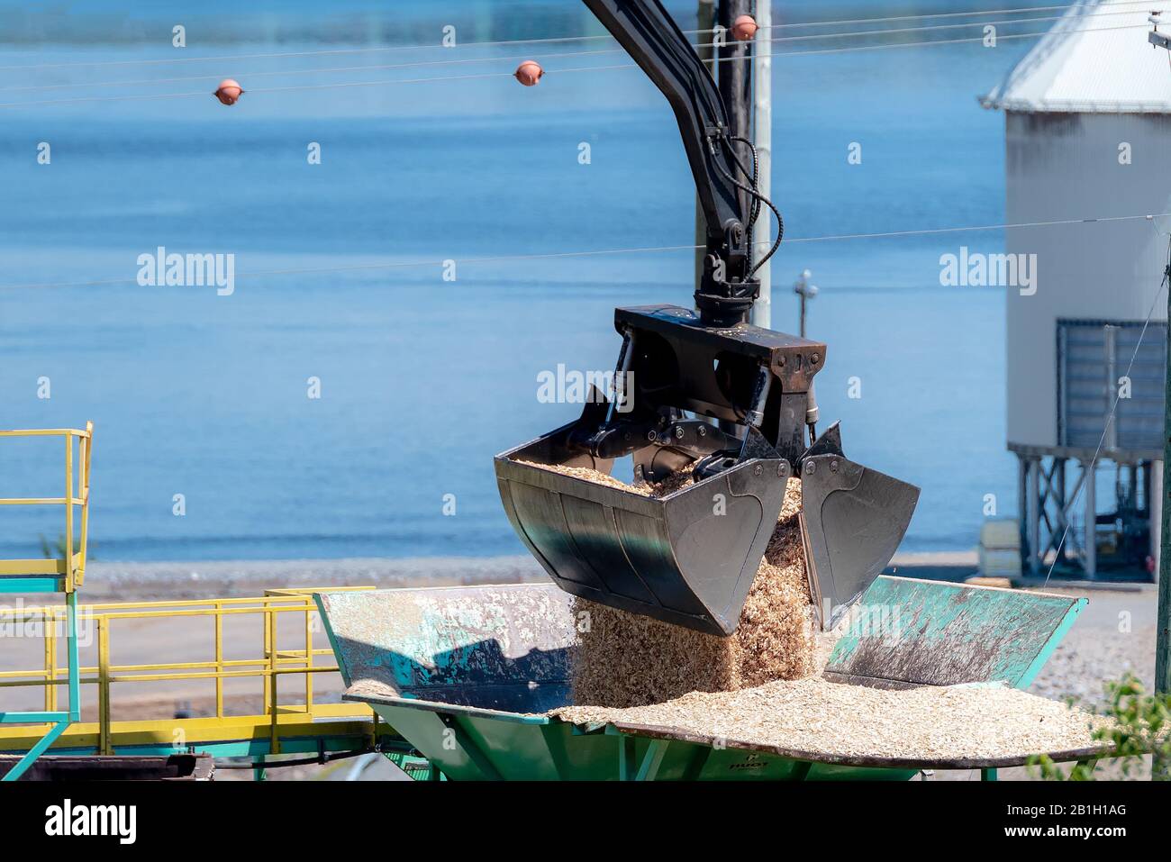 A large clamshell bucket scoop dropping a load of sawdust into hopper. From the hopper, the sawdust will proceed into a pulp mill. Stock Photo