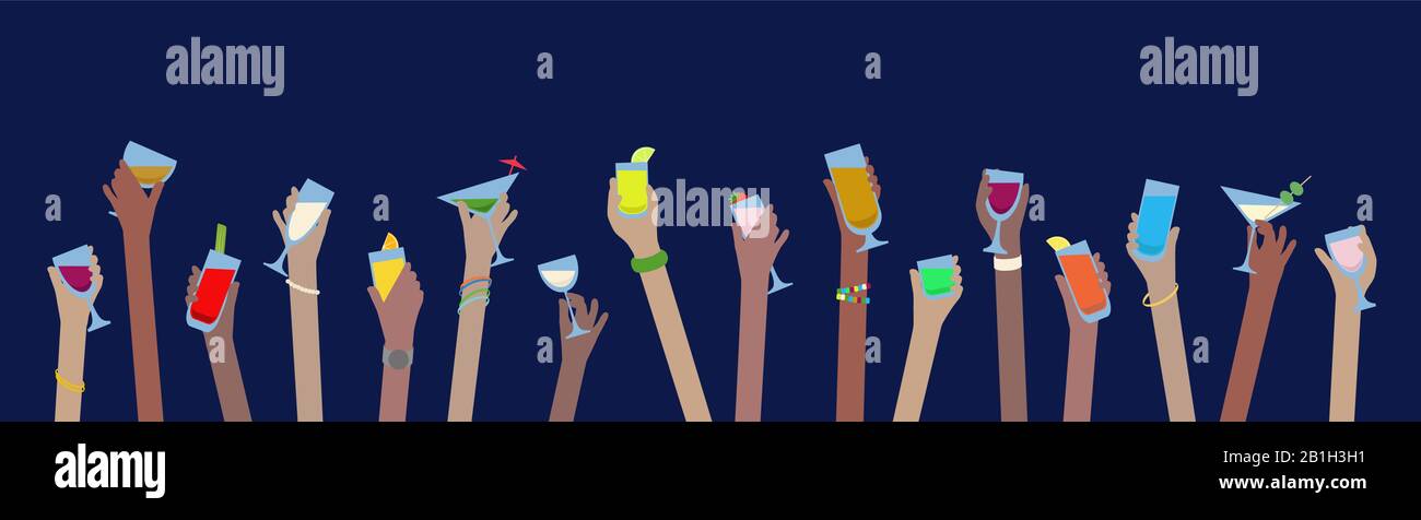 Hands banner with drinks of alcohol in glasses celebrate at Party - vector easy to edit Stock Vector