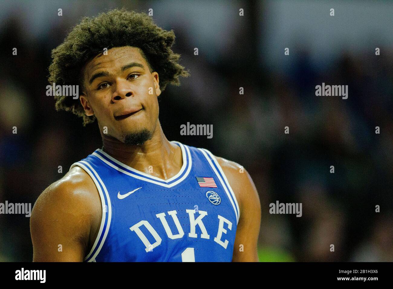 February 25, 2020: Duke Blue Devils center Vernon Carey Jr. (1) reacts to a call in the ACC Basketball matchup at LJVM Coliseum in Winston-Salem, NC. (Scott Kinser/Cal Sport Media) Stock Photo