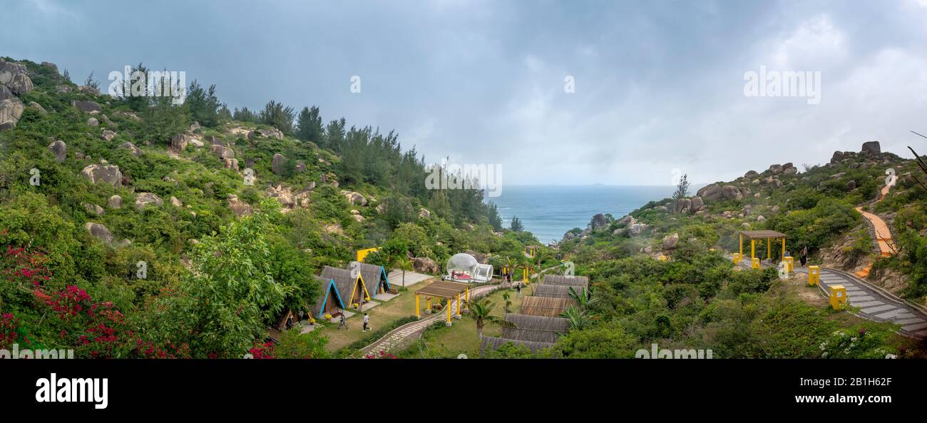 Panoramic of Trung Luong campsite, Qui Nhon town, Binh Dinh province, Vietnam - February 9, 2020: The campsite overlooking Trung Luong beach in Phu Ca Stock Photo