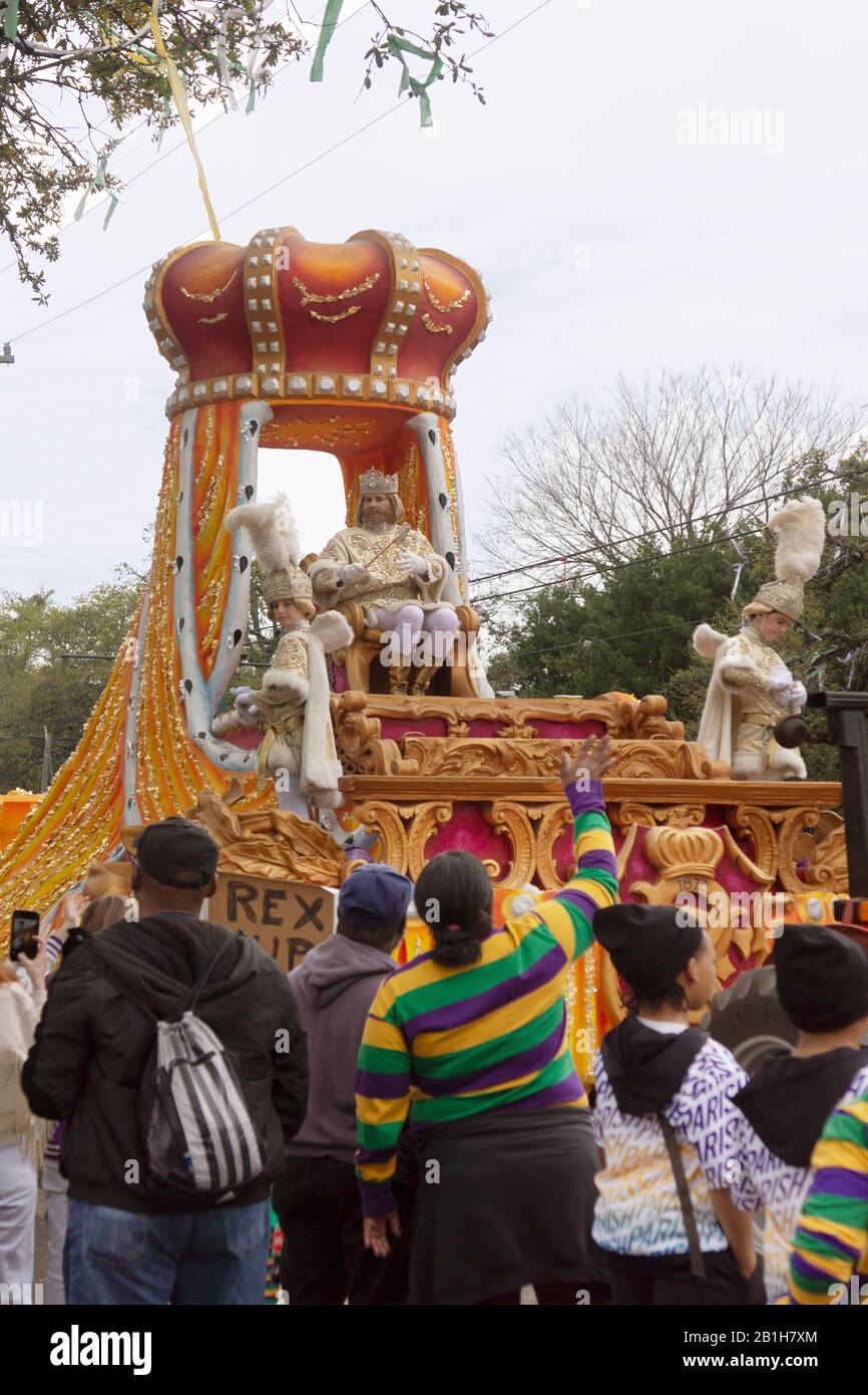 King of Rex with his pages on lead float of the Rex parade.  Mardi Gras day, New Orleans, LA. Stock Photo