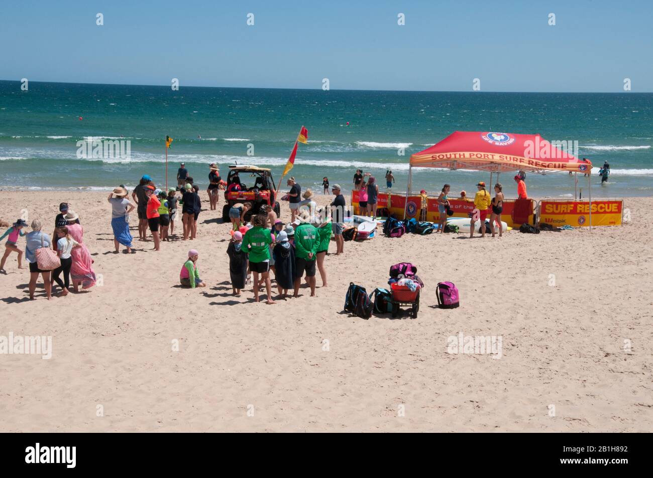 Surf Life Saving Club activities on the beach at Port Noarlunga, South Australia Stock Photo