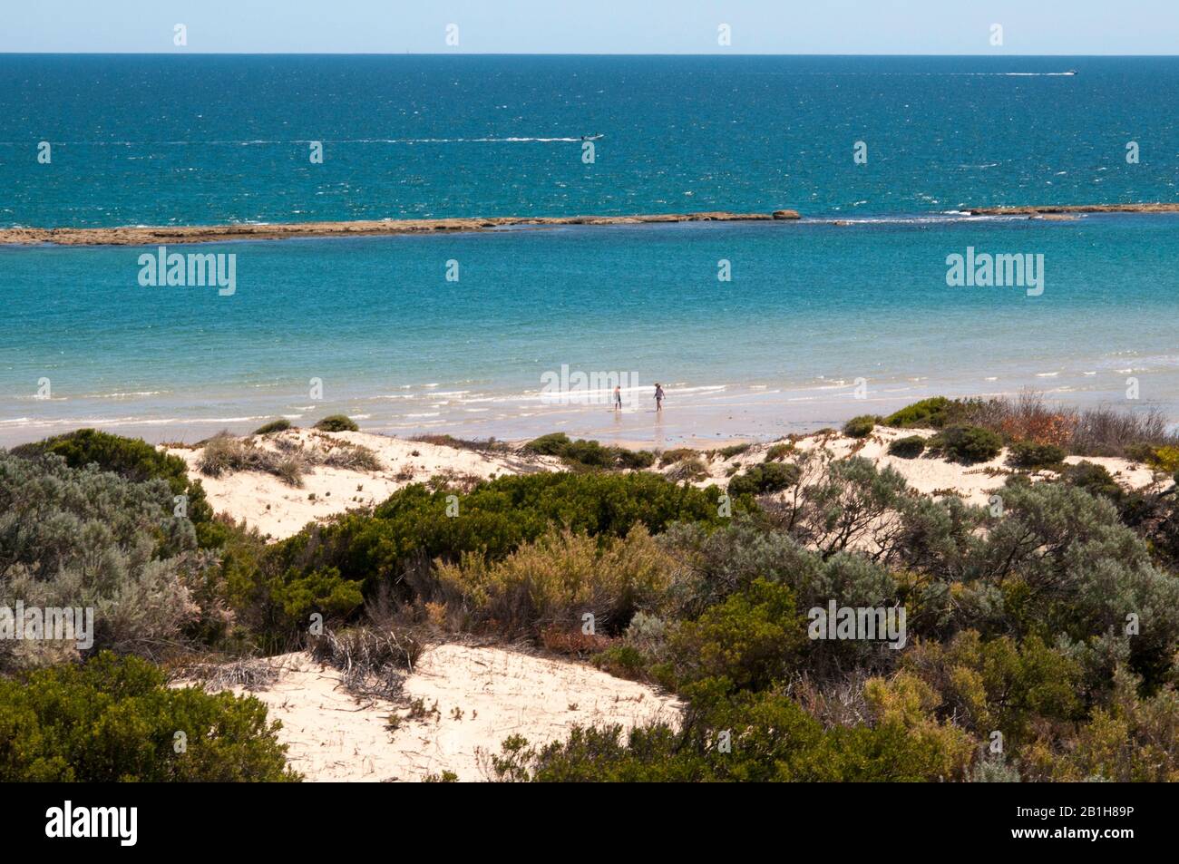 Beach showing the distinctive rocky reef at Port Noarlunga, South Australia Stock Photo