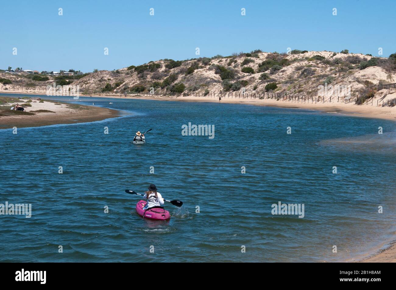 Kayakers near the mouth of the Onkaparinga at Port Noarlunga, South Australia Stock Photo