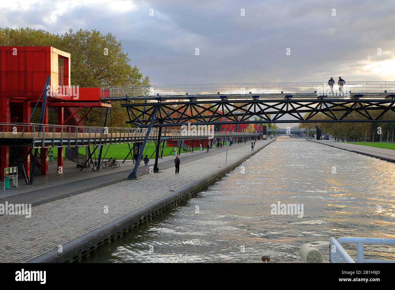 Parc de la Villette Villette Park with Canal de I'Ourcq and Red Folly sculptures in the background.Paris.France Stock Photo