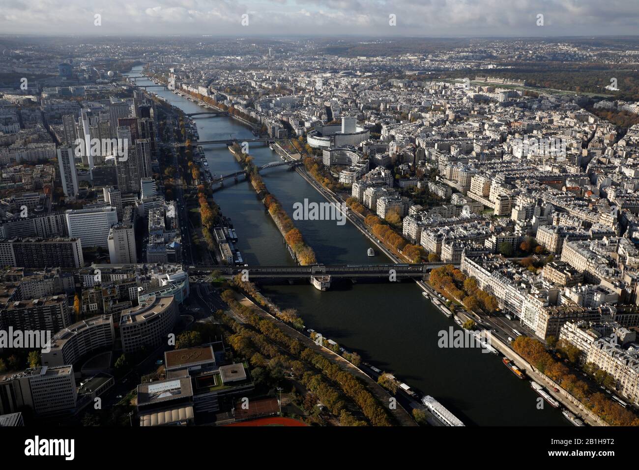 Aerial view of River Seine with Ile aux Cygnes Isle of the Swans in middle and Maison de la Radio in 16th arrondissement in the background.Paris.France Stock Photo