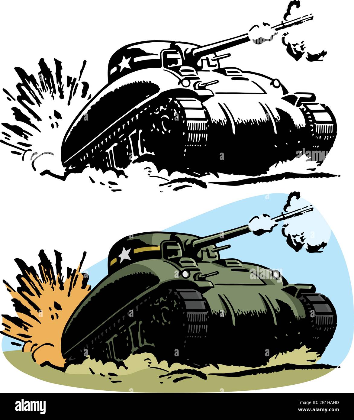 A drawing of an American and British World War II era M4-A1 Sherman tank. Stock Vector