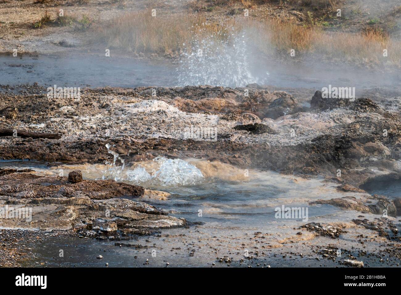 Very hot hot springs bubbling and steaming. Closeup of hot springs and surrounding ground. Stock Photo