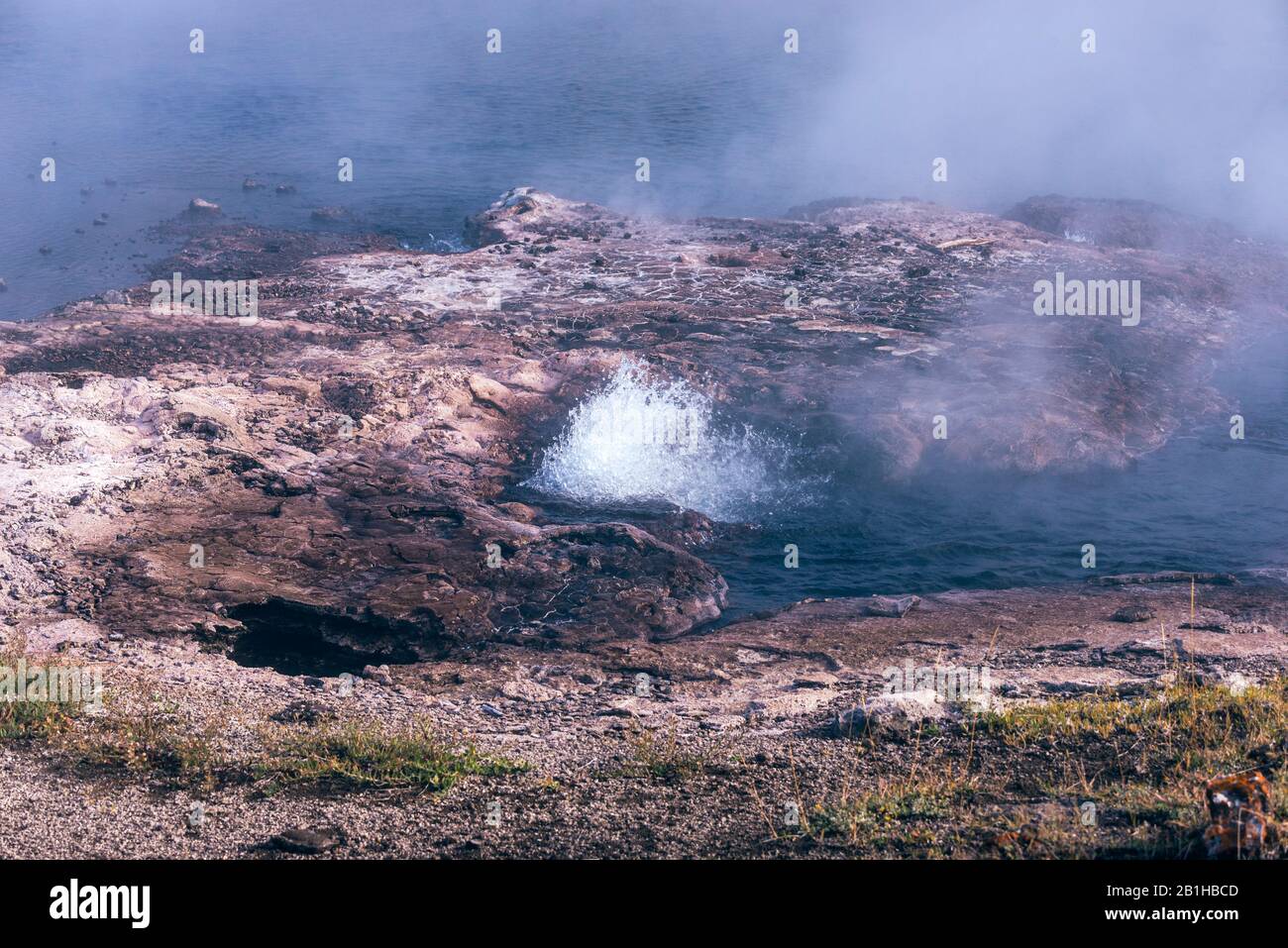 Boiling hot water bubbling in hot spring releasing hot gases an steam. Stock Photo