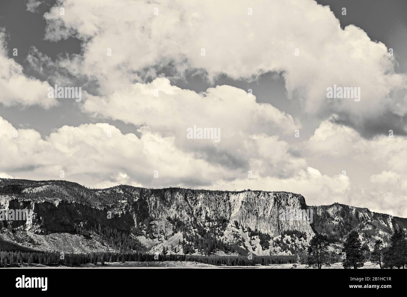 Scenic valley with steep rocky face of plateau on top. Large white fluffy clouds in the sky and forest below. Black and White. Stock Photo