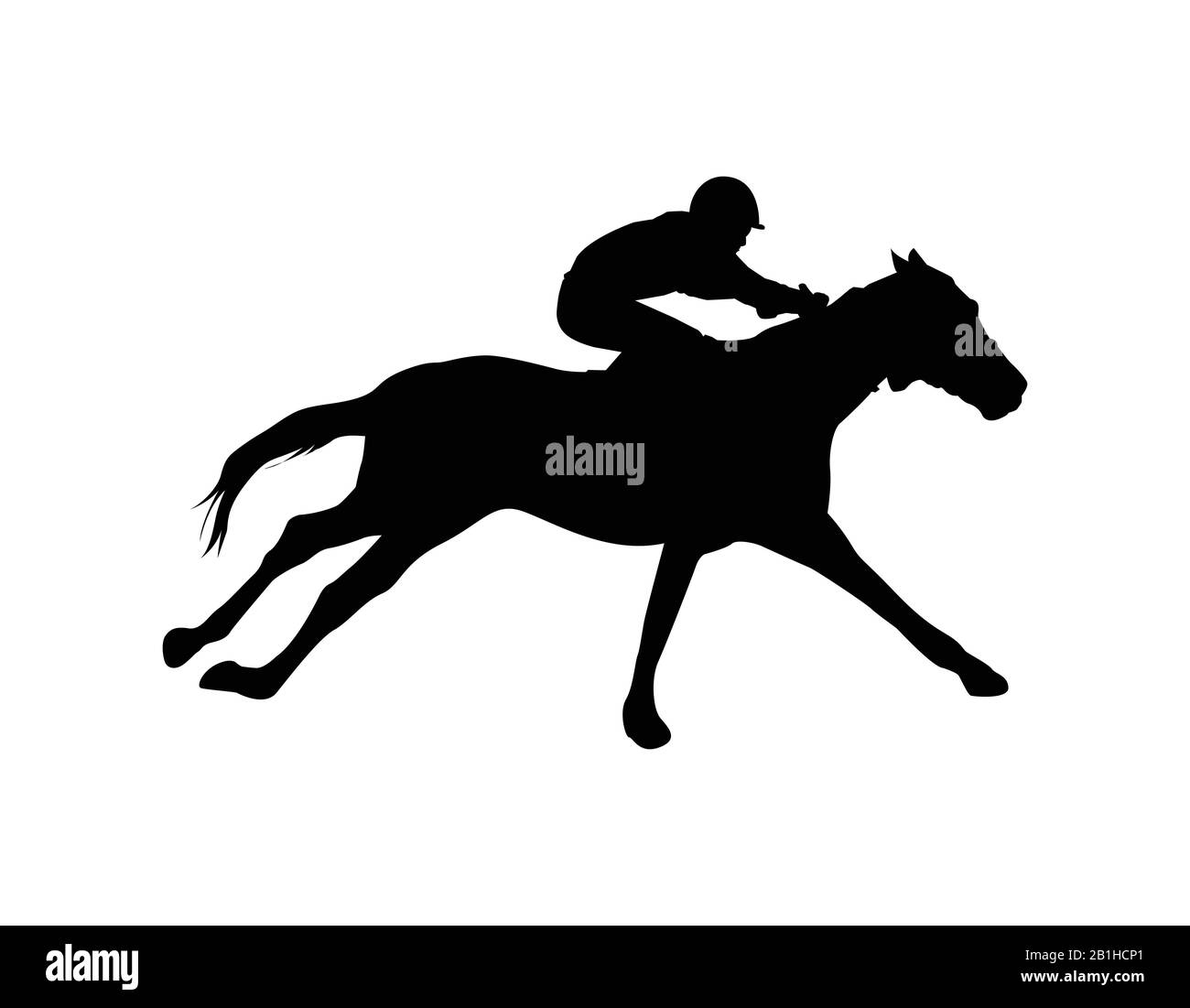 Silhouette racing horse with jockey on a white background. Equestrian