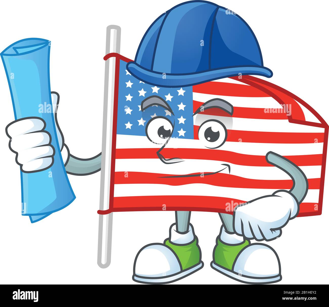 Elegant Architect USA flag with pole having blue prints and blue helmet Stock Vector