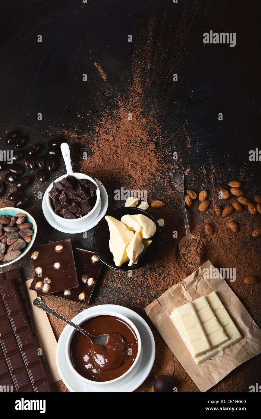 Dark chocolate bar,chocolate pieces and cocoa beans, cocoa powder on ...