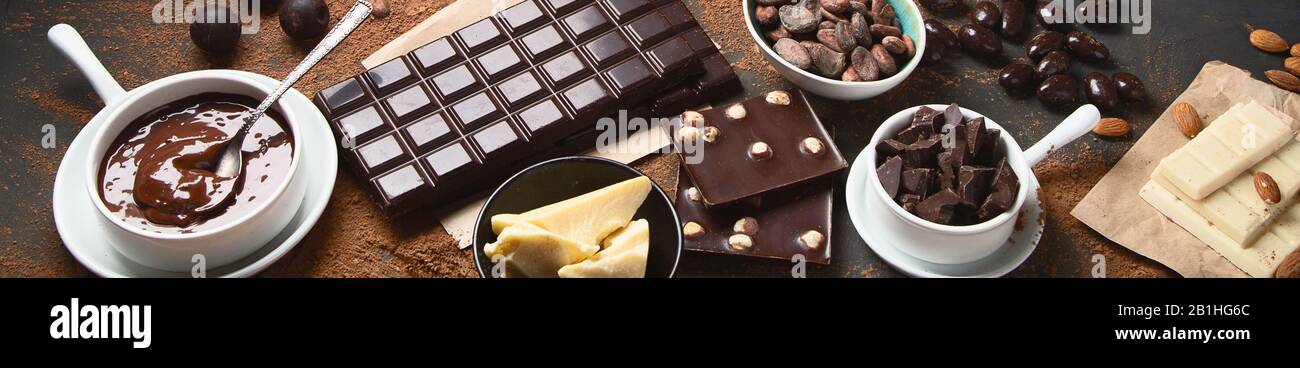 Dark chocolate bar,chocolate pieces and cocoa beans, cocoa powder on ...
