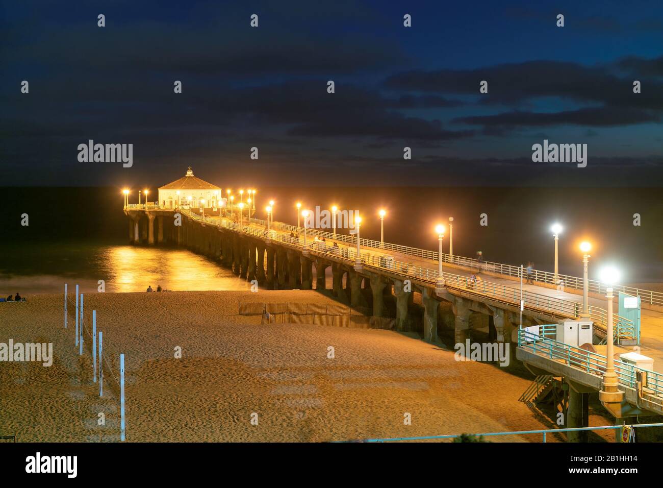 Illuminations of Manhattan Beach Pier at night, Los Angeles, California Stock Photo