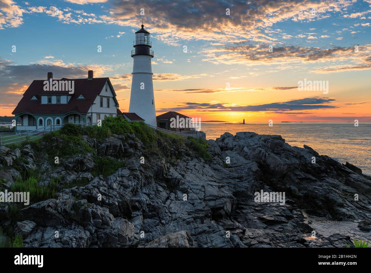 Portland Head Lighthouse at sunrise Stock Photo